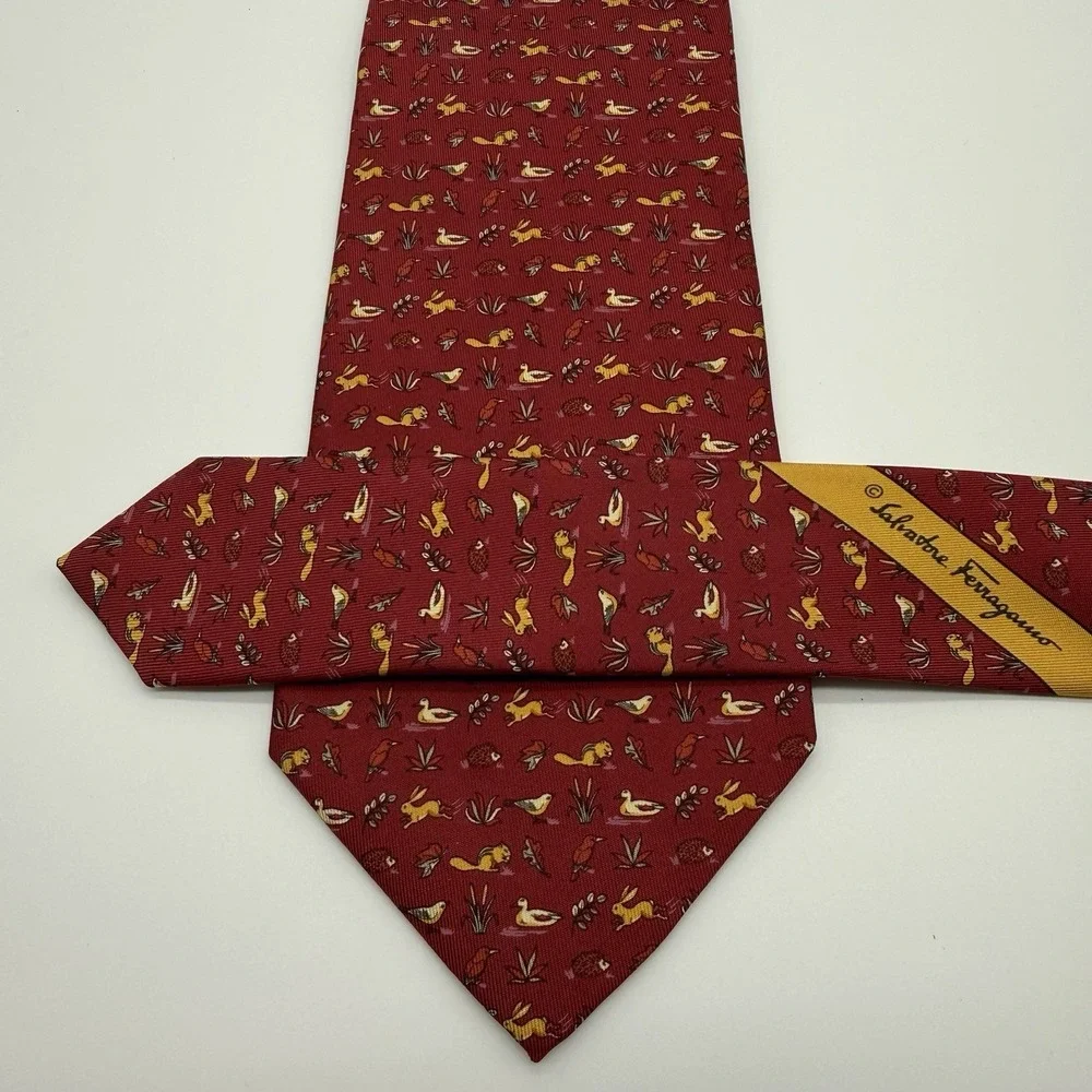 Salvatore Ferragamo‎ Silk Tie Italy Red Yellow Rabbit Bird Leaf Chipmunk Nature